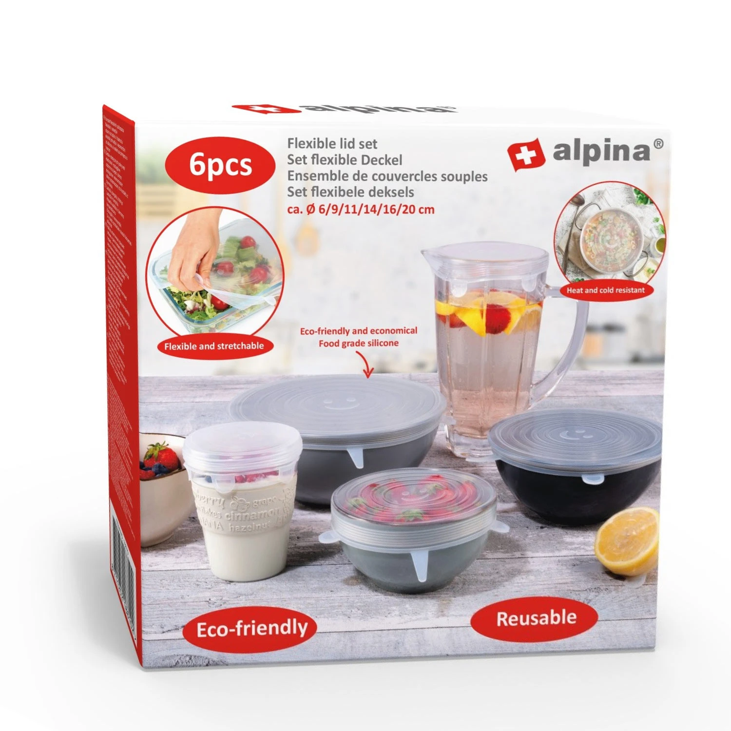 Alpina Herbruikbare Siliconen Deksels 6 Stuks Diameter 6/9/11/14/16/20 Cm 3 Alpina Herbruikbare Siliconen Deksels 6 Stuks Diameter 6/9/11/14/16/20 Cm